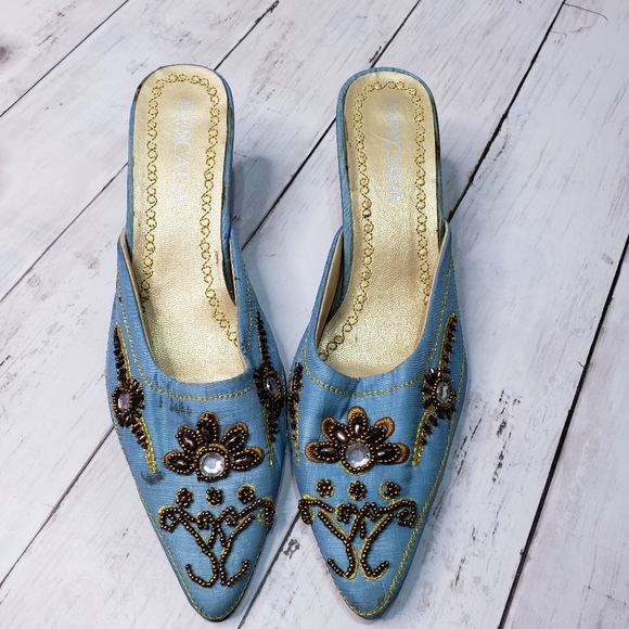 Vintage Escada Blue Embellished Mule Kitten Heels - Picture 4 of 9